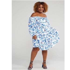 Fashion To Figure Off-Shoulder Floral Print Dress Blue & White NWT cruisewear